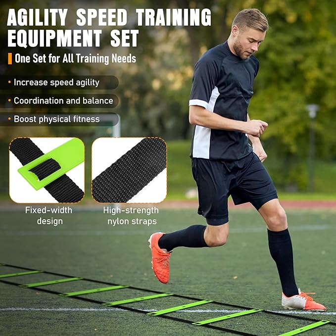 Agility Ladder, Speed Training Equipment Set, 20ft Agility Ladder, 12 Soccer Cones, 4 Hurdles, Jump