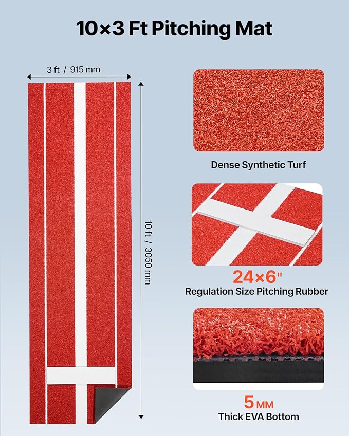 VEVOR 10x3ft Softball/Baseball Pitching Mat with Rubber Mound - Anti-Fade Turf & Anti-Slip Foam
