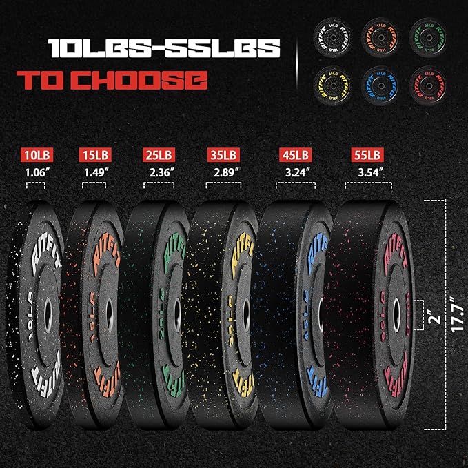 RitFit Bumper Plates, Colored Fleck-Rubber Weight Plates with Steel Insert, 2-inch Olympic Weight