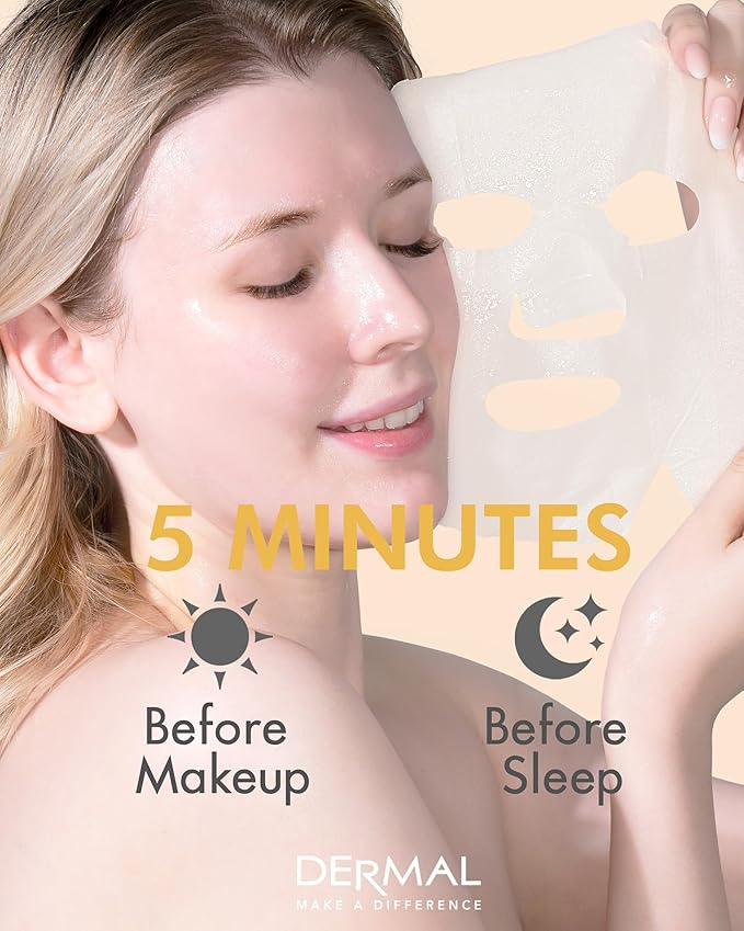DERMAL Royal Jelly Collagen Essence Korean Facial Mask Sheet Pack of 10 - Intensive Moisture