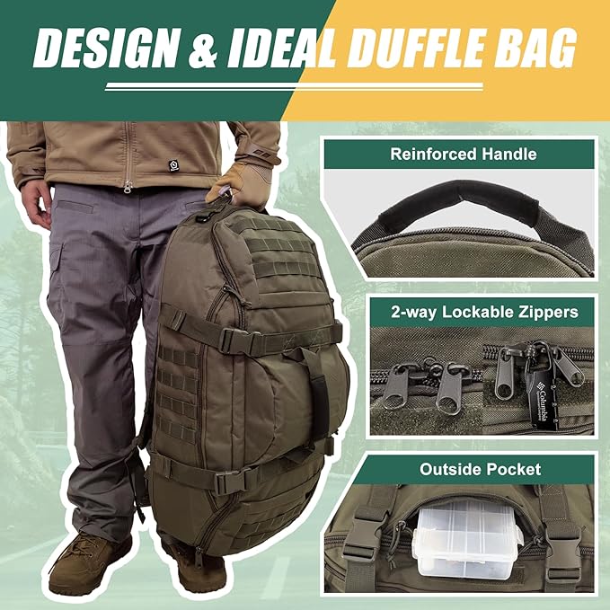 55L Large Travel Gym Duffle Bag Military Tactical Backpack, Army Pack 3 Day Bug Out Bag Rucksack