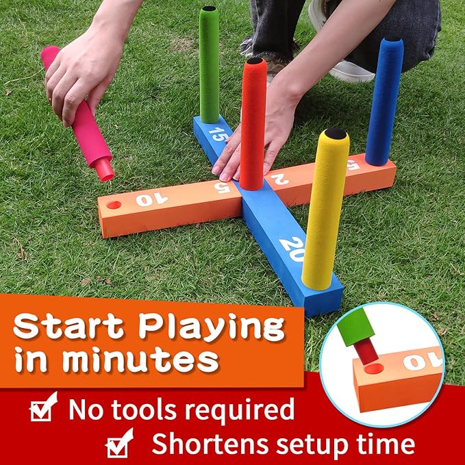 Ring Toss Game for Kids, Indoor & Outdoor Game for Family and Adults with 5 Poles, 2 Bases and 16
