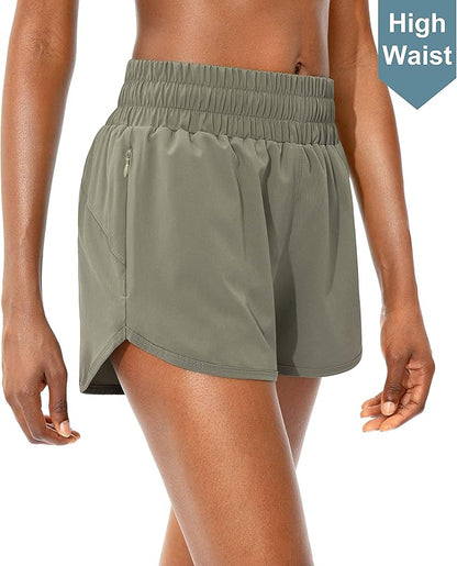 SANTINY Women's Running Shorts with Zip Pockets High Waisted Athletic Workout Gym Shorts for Women