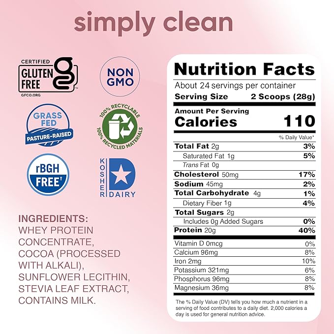 simply tera's Pure Whey Protein Powder - Dark Chocolate Clean Protein Powder, Grass Fed Whey