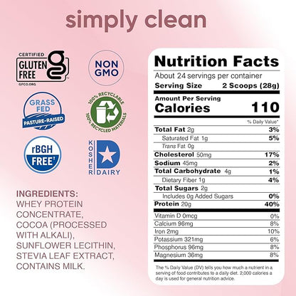 simply tera's Pure Whey Protein Powder - Dark Chocolate Clean Protein Powder, Grass Fed Whey