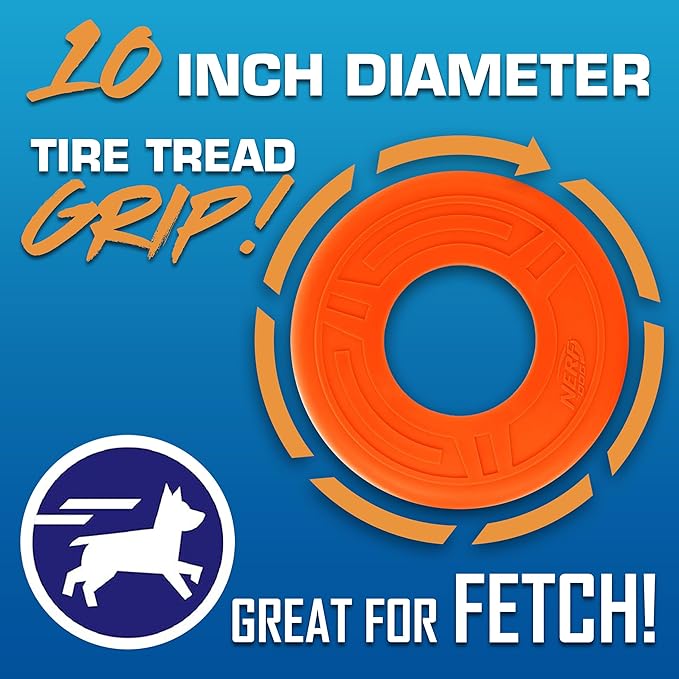 Nerf Dog Atomic Flyer Outdoor Dog Toy, 10 Inch Flying Disc Dog Fetch Toy, Rubber Dog Toy for Medium