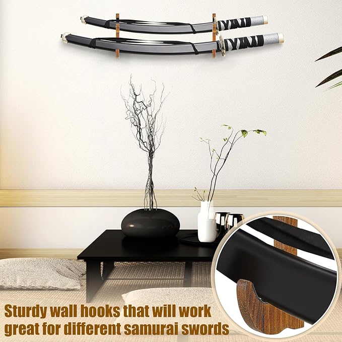 Chunful 2 Pcs Sword Wall Mount Sword Holder Katana Stand 1 Tier Hanger Adjustable Wooden Mounts for
