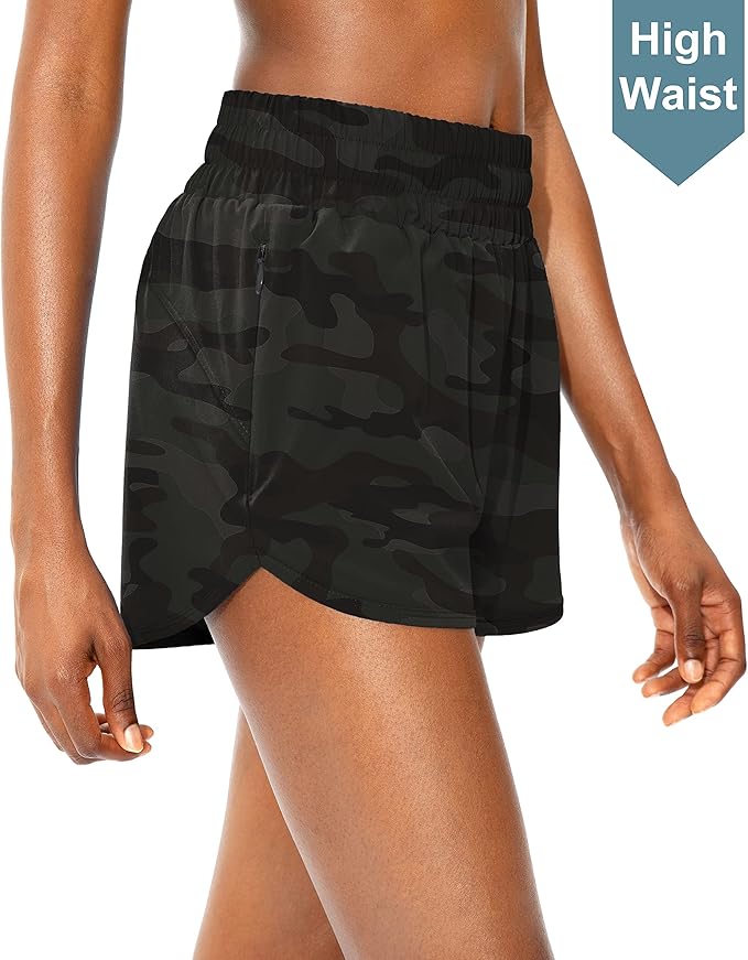 SANTINY Women's Running Shorts with Zip Pockets High Waisted Athletic Workout Gym Shorts for Women