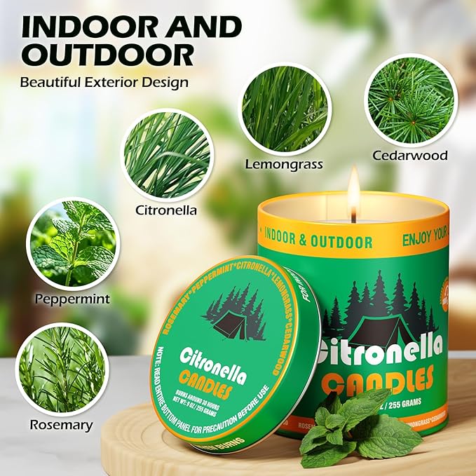 Citronella Outdoor Candles Set | 2-Pack 510g 80H Long-Lasting Burn Time | Natural Soy Wax Jar Tin