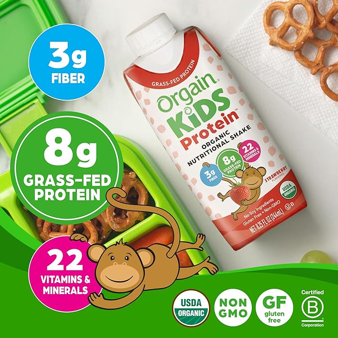 Orgain Organic Kids Protein Nutritional Shake, Strawberry - 8g of Protein, 22 Vitamins & Minerals