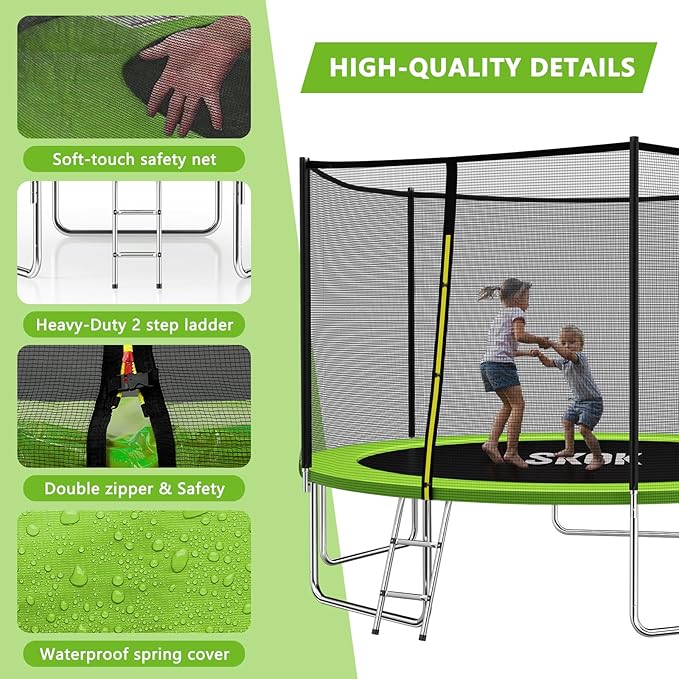 SKOK Trampoline 8FT 10FT 12FT 14FT 15FT Trampolines with Enclosure Net, 400LBS Outdoor Trampolines
