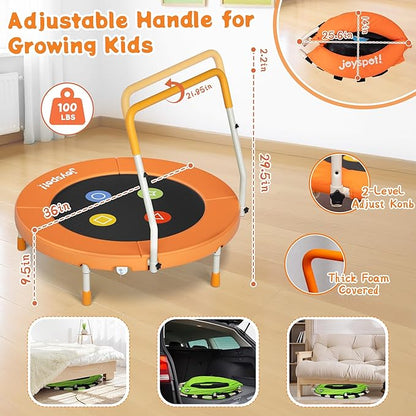 3FT Toddler Trampoline with Adjustable Handlebar, 36" Foldable & Spring-Free, Mini Kids Indoor