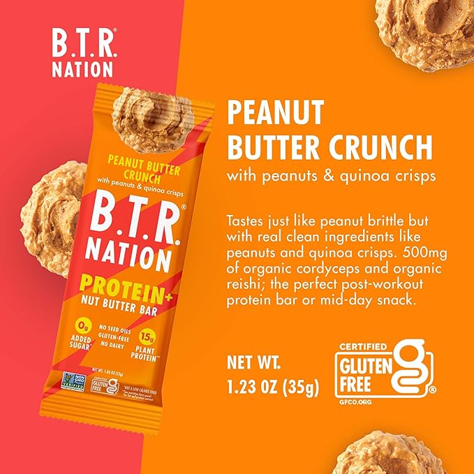 B.T.R Nation Vegan Keto Plant Based High Protein & HIgh Fiber Bars - Peanut Butter Crunch Protein+