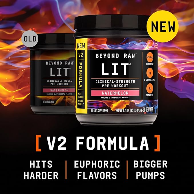 BEYOND RAW LIT V2 Clinical Strength Pre Workout Powder, Hits Harder, Bigger Pumps, Caffeine