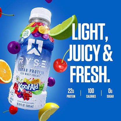 RYSE Clear Protein Shake - Kool-Aid Tropical Punch - 100 Calories, 22g Whey Isolate Protein