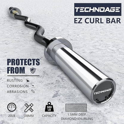 TECHNOAGE Olympic EZ Curl Bar, 47" Curl Bar(350/500LBS Capacity) 20LB, Solid Steel, Chrome Finish