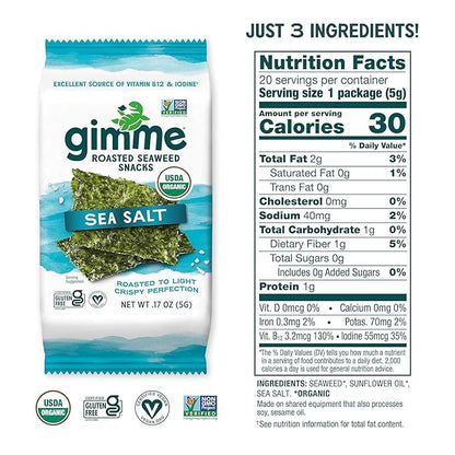 Gimme Seaweed Organic Premium Roasted Seaweed Snacks, Sea Salt, 20 Count, Keto, Vegan, Gluten-Free