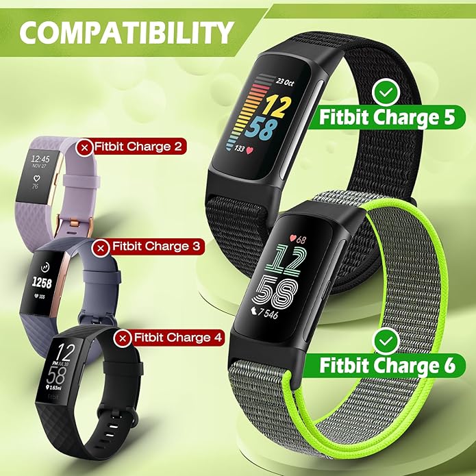Sport Loop Nylon Watch Bands Compatible with Fitbit Charge 6/5, Adjustable Breathable Replacement