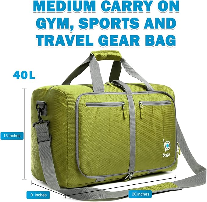 Bago Foldable Duffel Bags for Traveling Women & Men - 40L Sports Packable Duffle Bag for Travel