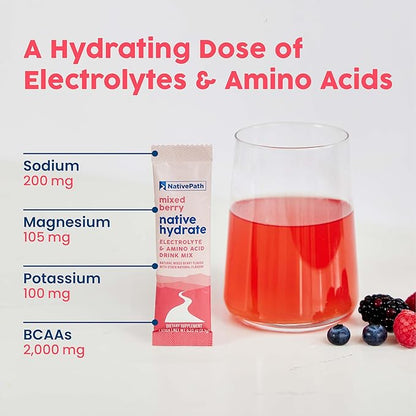 NativePath Native Hydrate Stick Packs, Sugar Free Electrolytes Powder with BCAAs, Mixed Berry
