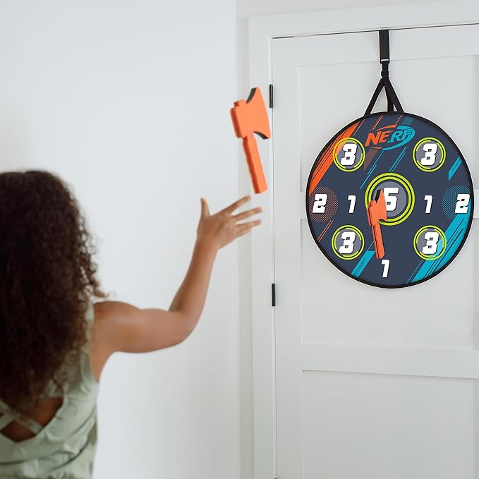 NERF Lumberjack Toss Axe Throw - Back-of-Door Axe Tossing Target with 2 Foam Axes - Great for Game