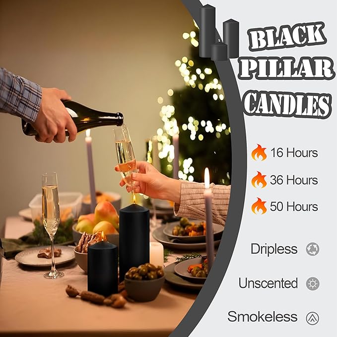 36 Pcs Black Pillar Candles Bulk Set，Hurricane Candlesï¼? Different Lengths (6 Each)，Dripless