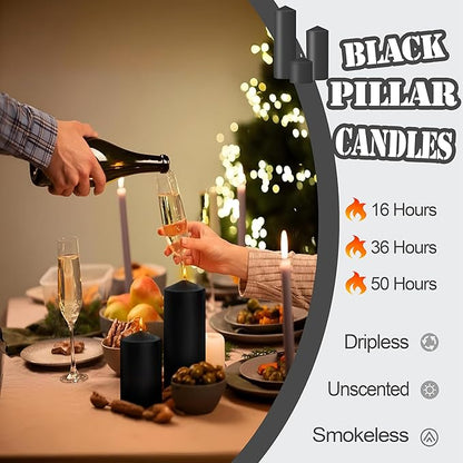 36 Pcs Black Pillar Candles Bulk Set，Hurricane Candlesï¼? Different Lengths (6 Each)，Dripless