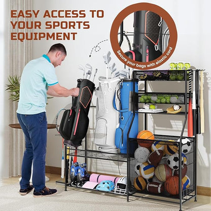 Garage Sports Equipment Organizer,3 Golf Bags Storage Stand,Heavy-Duty Ball Storage Rack with