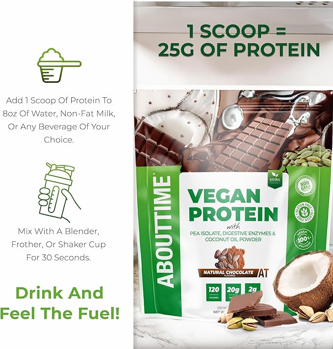 About Time Vegan Protein Powder 20g Chocolate, Natural Ingredients, Non-GMO, Plant Based, Gluten