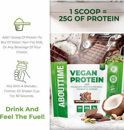 About Time Vegan Protein Powder 20g Chocolate, Natural Ingredients, Non-GMO, Plant Based, Gluten