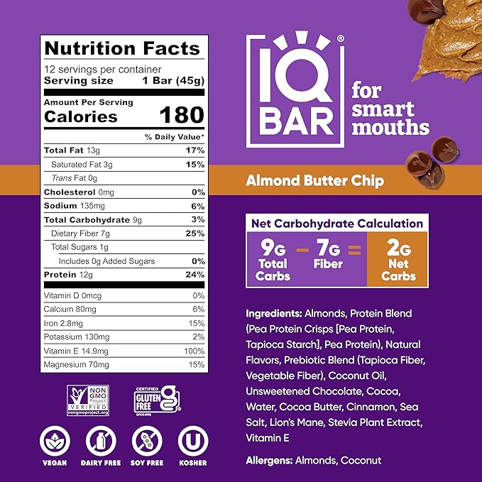 IQBAR Brain and Body Plant Protein Bars - Almond Butter Chip - 24-Count Low Carb - Gluten Free