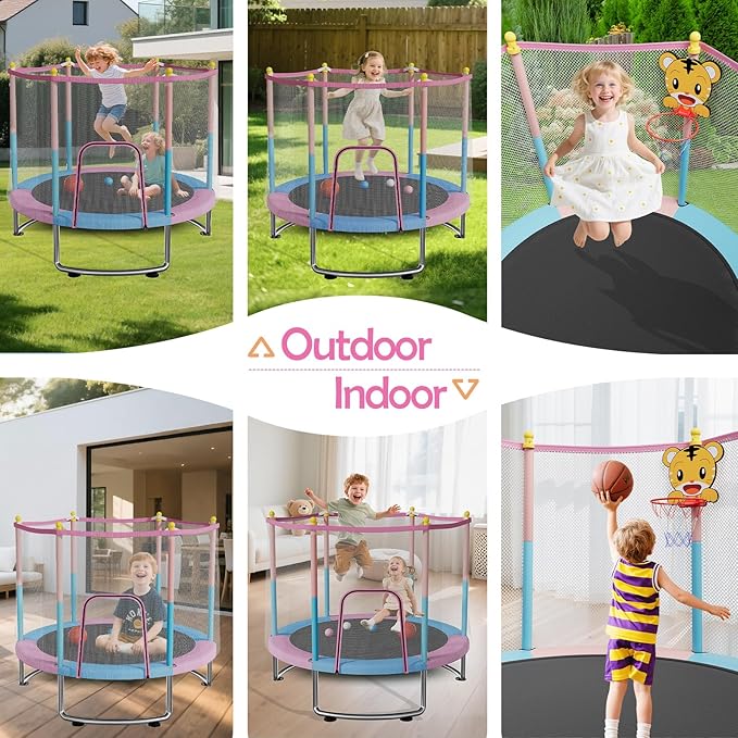 Kids Trampoline with Safety Net – 440lbs Capacity, Upgraded Rust-Proof Ring Legs, Adjustable