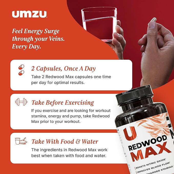 UMZU Redwood Max Nitric Oxide Booster, 1-Month Supply -Advanced Nitric Oxide Supplement with Fitnox