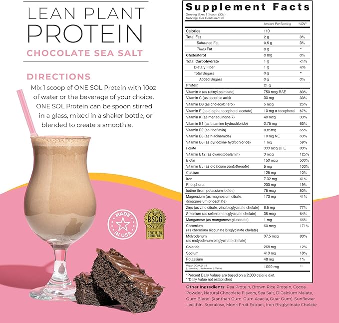 One Sol Lean Plant-Based Protein Powder, Pea & Brown Rice Protein, Low Carb, Vegan Friendly