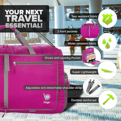 Bago Foldable Duffel Bags for Traveling Women & Men - 60L Medium Packable Duffle Bag for Travel