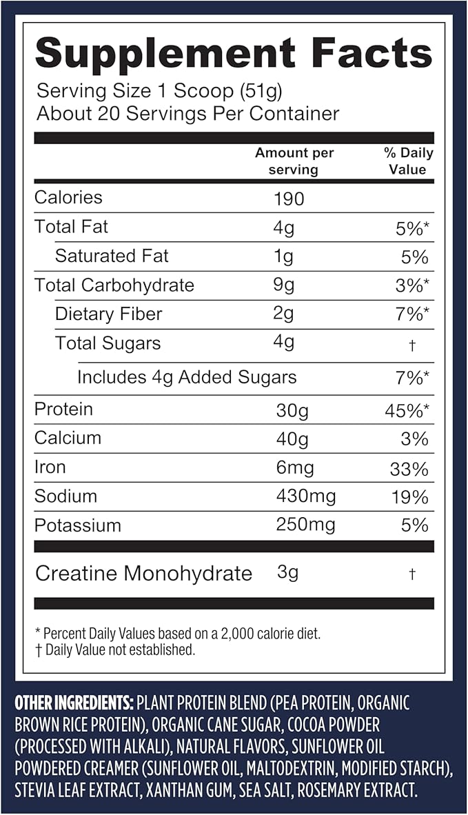 Vega Protein + Creatine - 30g Plant-Based Protein, Chocolate, 20 Servings, 3g Creatine, 5g BCAAs