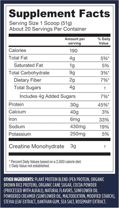 Vega Protein + Creatine - 30g Plant-Based Protein, Chocolate, 20 Servings, 3g Creatine, 5g BCAAs