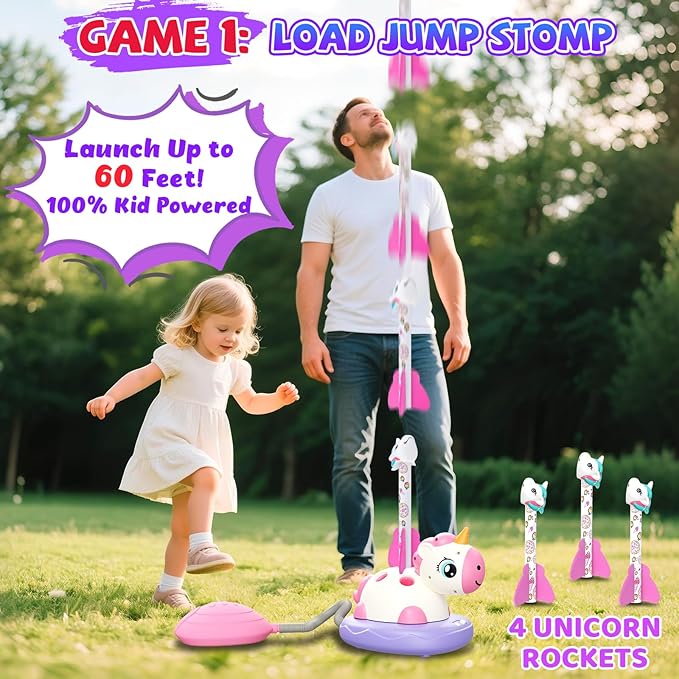 3-in-1 Outdoor Toys for Kids Ages 3-8, Unicorn Rocket Launcher, Ring Toss & Musical Jump - Backyard