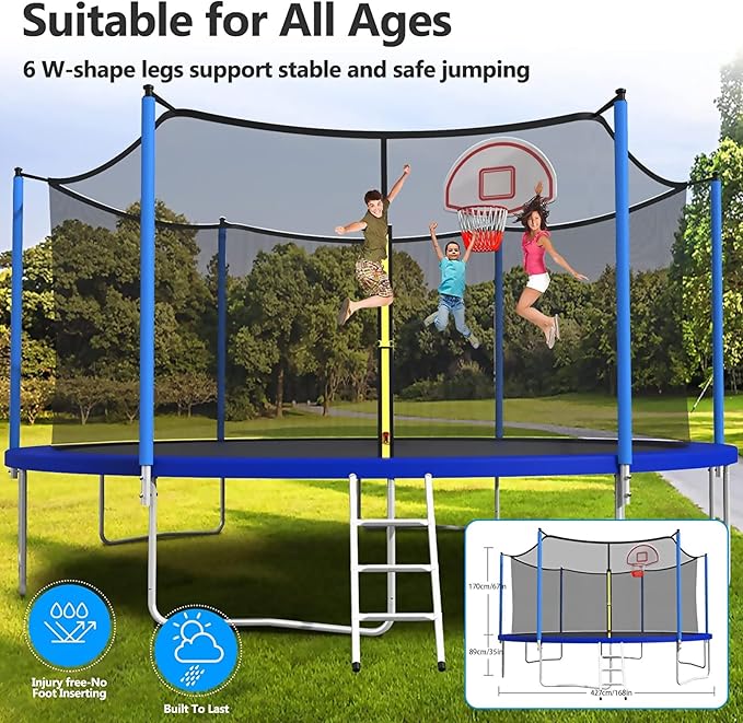 Upgraded 10/12/14/15/16FT Trampoline Outdoor, Large Kids Trampoline with Light, Stakes, Sprinkler