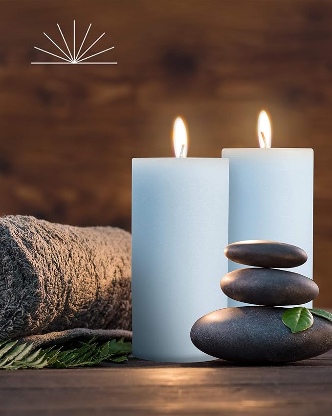 Mottled Pillar Candles by Bask - Set of 6-3" x 6" Dripless Unscented Candles in Light Blue for Home