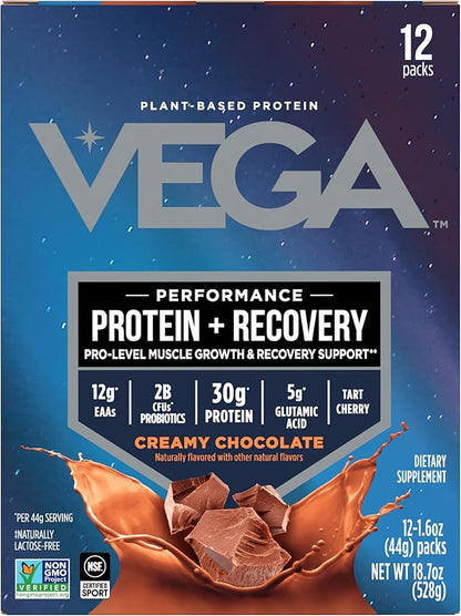Vega Protein + Recovery - 30g Plant-Based Protein per Serving, Chocolate, 12 x 1.6oz Sachets, 5g