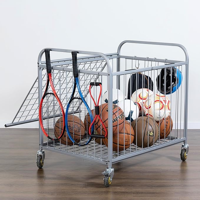 MyGift Large Capacity Metal Rolling Multi Sports Ball Cage Storage Hopper, Gym Equipment Basket
