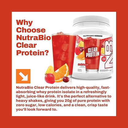NutraBio Clear Protein Powder, Fruit Punch - 20 Servings, 20g Clear Whey Protein Isolate, 0 Sugar