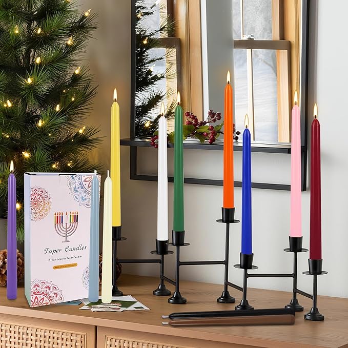 24 Colored Taper Candles, 7-8 Hours Burn Time, Unscented, Smokeless and Dripless, 0.75 x 10 Inch