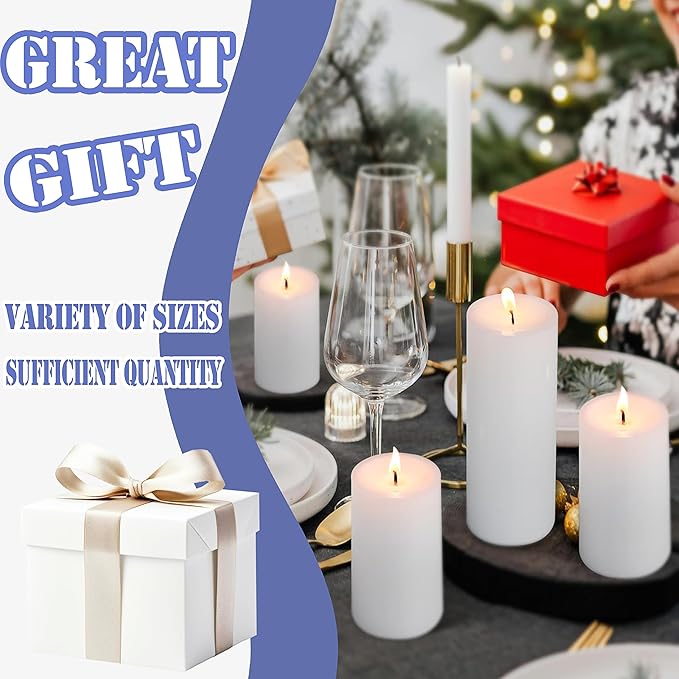 18 Pcs White Pillar Candles Bulk Set，Hurricane Candlesï¼? Different Lengths (6 Each)，Dripless