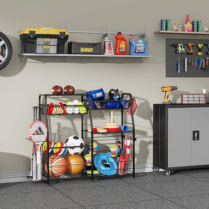 Garage Sports Equipment Organizer - Ball Storage Rack with Elastic Rope or Wire Mesh,Garage