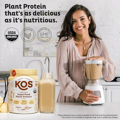 KOS Vegan Protein Powder Erythritol Free, Vanilla - USDA Organic Pea Protein Blend, Plant Based