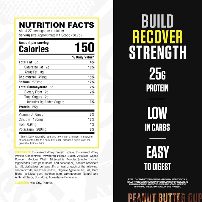 RYSE Loaded Protein Powder - Peanut Butter Cup - 25g Whey Protein Isolate & Concentrate with