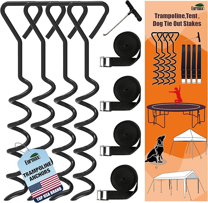 Eurmax USA Trampoline Stakes Heavy Duty Trampoline Parts Corkscrew Shape Steel Stakes Anchor Kit