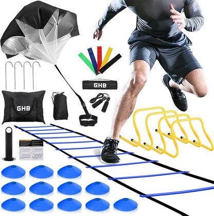 GHB Agility Ladder,Football Training Equipment Set,4 Agility Hurdles, 20 feet12 Rungs Speed